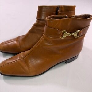 Talbots Womens Cognac Brown Leather Horsebit Ankle Boots Square Toe Side Zip 8.5
